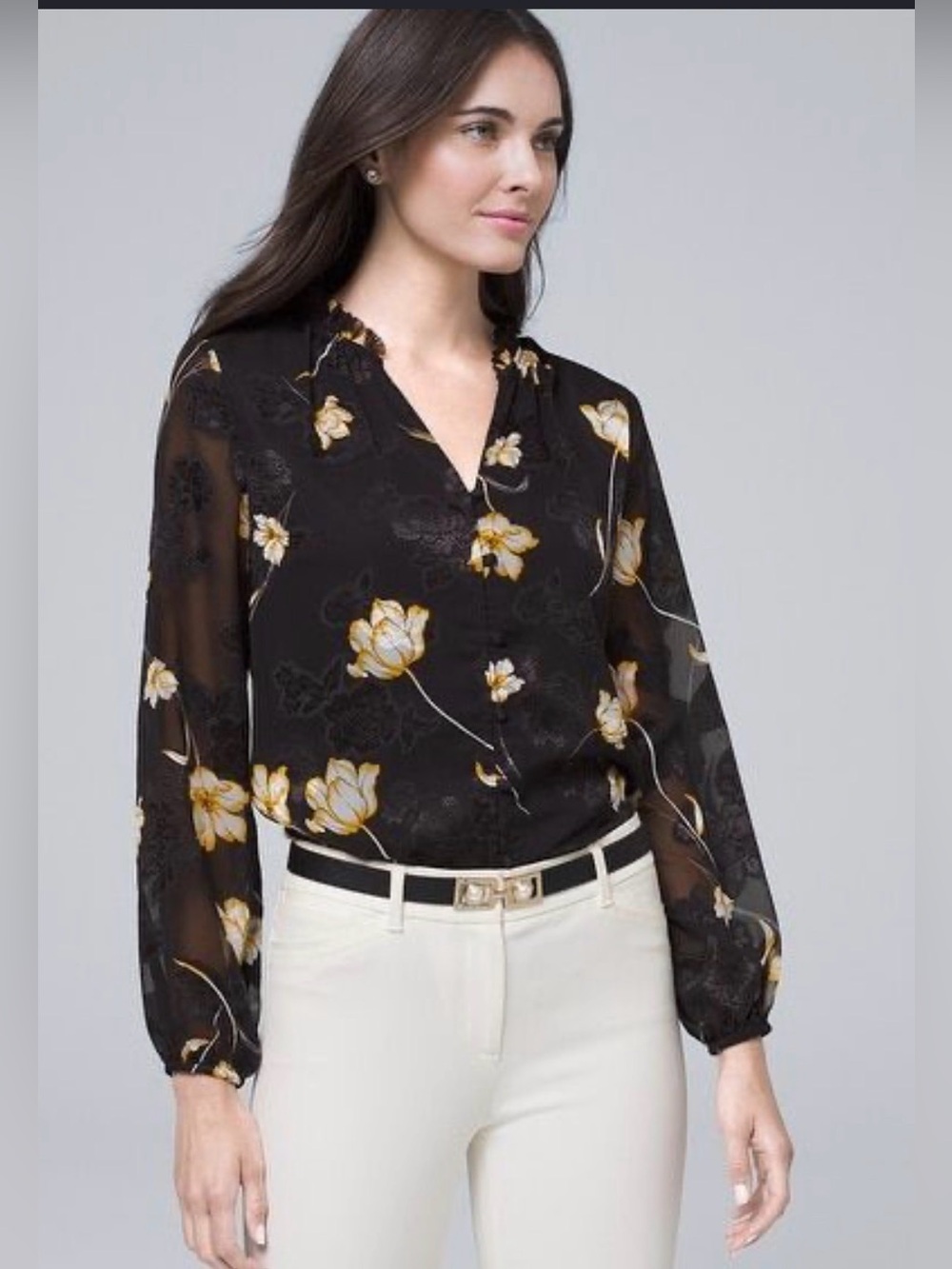 White House Black Market Black Sheer Floral Blouse with Yellow Accents